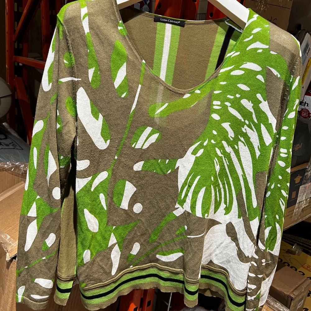 Luisa Cerano Green and Brown Leaf Print Sweater